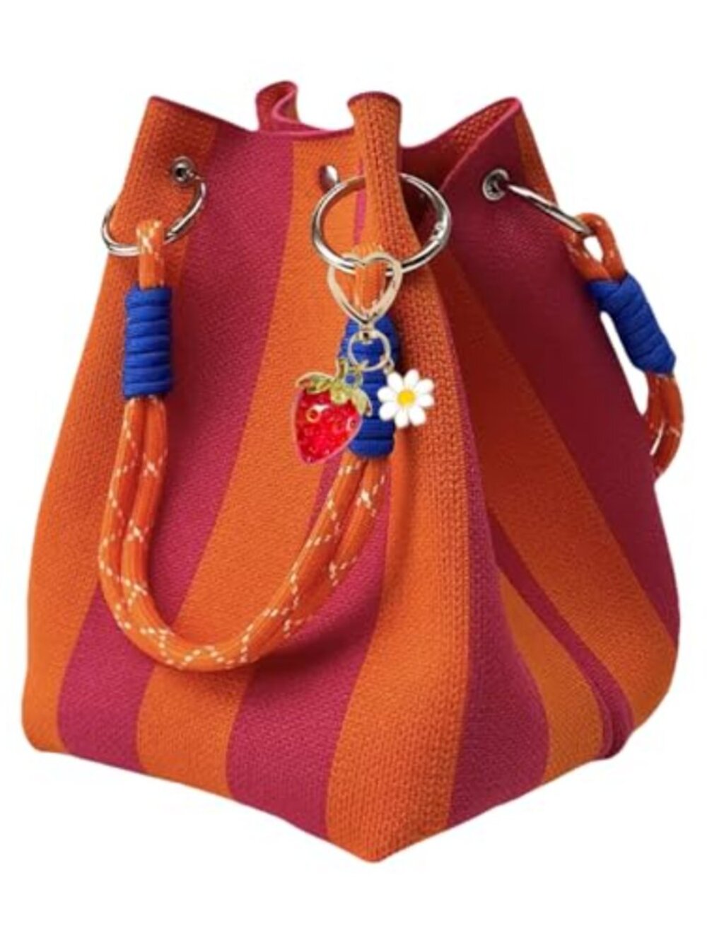 Knit Bucket Bag Strawberry Charm Detachable Wristlet Tote Magnetic Snap